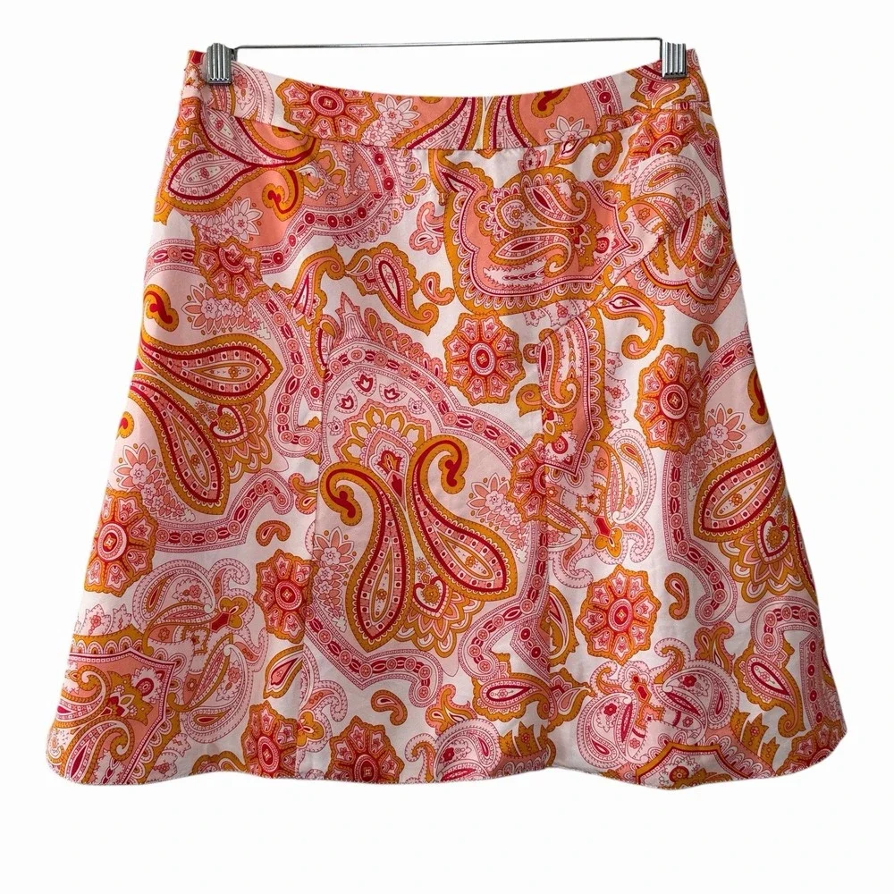Banana Republic 100% Silk Paisley A-Line Mini‎ Skirt Pink Orange Lined Size 2